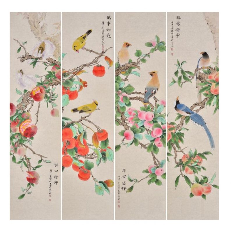 张利花鸟画四条屏《笑口常开，万事如意，平安吉祥，福寿康宁》