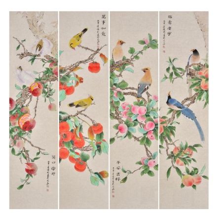 张利花鸟画四条屏《笑口常开，万事如意，平安吉祥，福寿康宁》