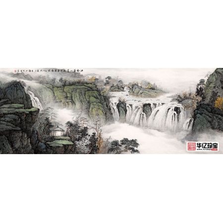 中G美术家协会会员余静国画《江流苍山远 林深鸟鸣欢》