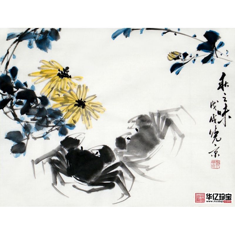 写意佳作 实力派画家郑晓京菊花螃蟹图《秋之味》