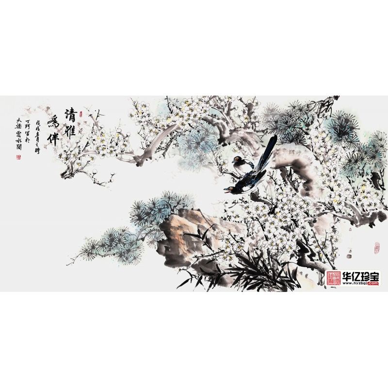丁珂四尺横幅喜鹊、梅花、松树作品《清雅为伴》