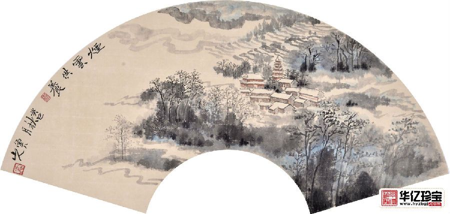 雷刚扇面山水画作品《烟云供养》