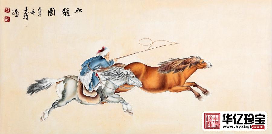 国画骏马图 王建辉四尺横幅工笔动物画《双骏图》
