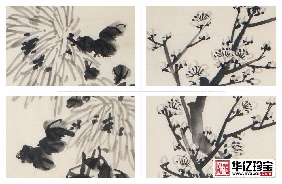 満点の 梅蘭竹菊の花鳥図 古絵画 鄭板橋 コレクション2 四条屏掛画